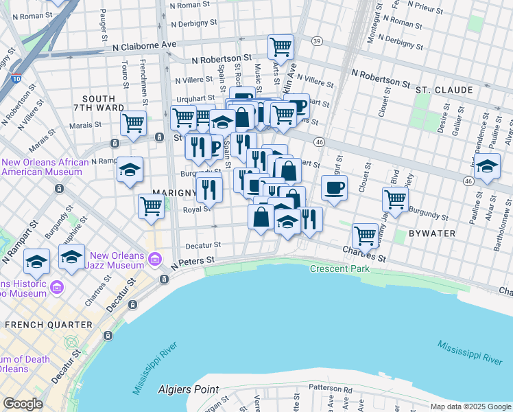 map of restaurants, bars, coffee shops, grocery stores, and more near Franklin Ave & Royal St in New Orleans