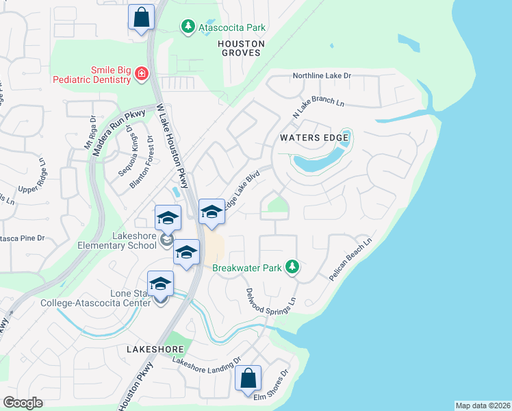 map of restaurants, bars, coffee shops, grocery stores, and more near 16627 Lake Aquilla Lane in Houston