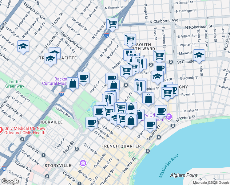 map of restaurants, bars, coffee shops, grocery stores, and more near 1241 North Rampart Street in New Orleans