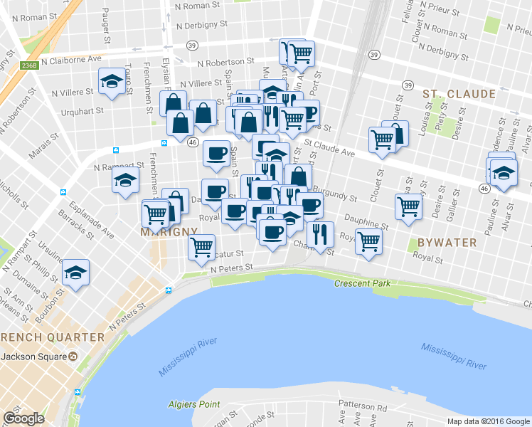 map of restaurants, bars, coffee shops, grocery stores, and more near 731 Franklin Avenue in New Orleans