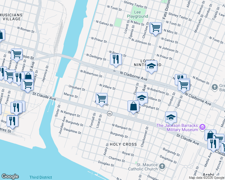 map of restaurants, bars, coffee shops, grocery stores, and more near 1426 Lizardi Street in New Orleans