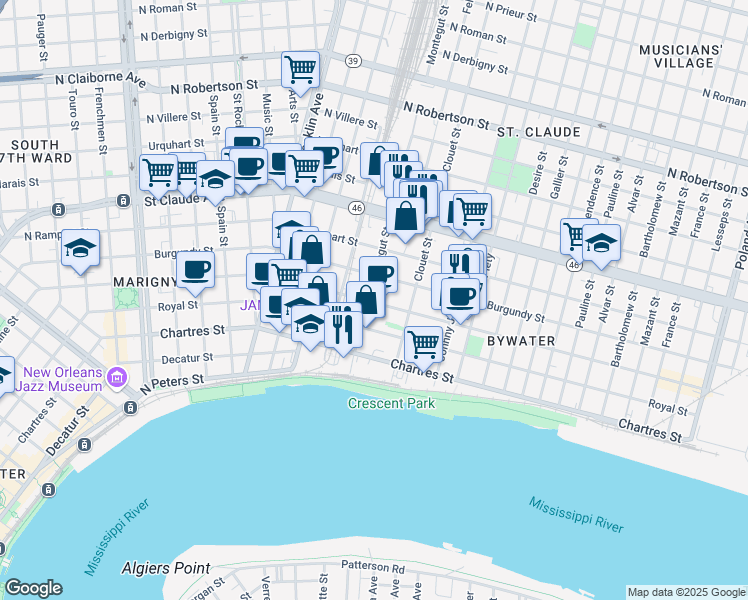 map of restaurants, bars, coffee shops, grocery stores, and more near 831 Montegut Street in New Orleans