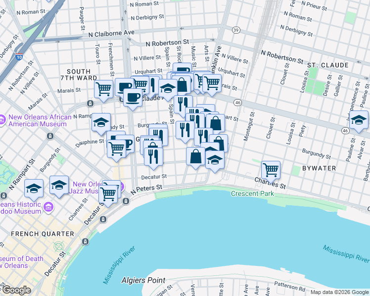map of restaurants, bars, coffee shops, grocery stores, and more near 2460 Dauphine Street in New Orleans