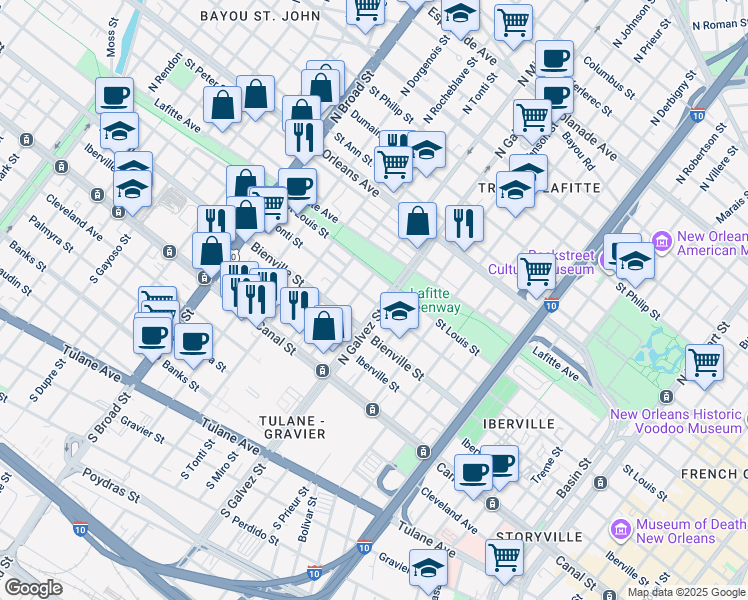 map of restaurants, bars, coffee shops, grocery stores, and more near 2309 Conti Street in New Orleans