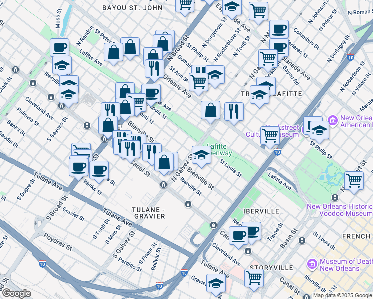 map of restaurants, bars, coffee shops, grocery stores, and more near 2309 Conti Street in New Orleans