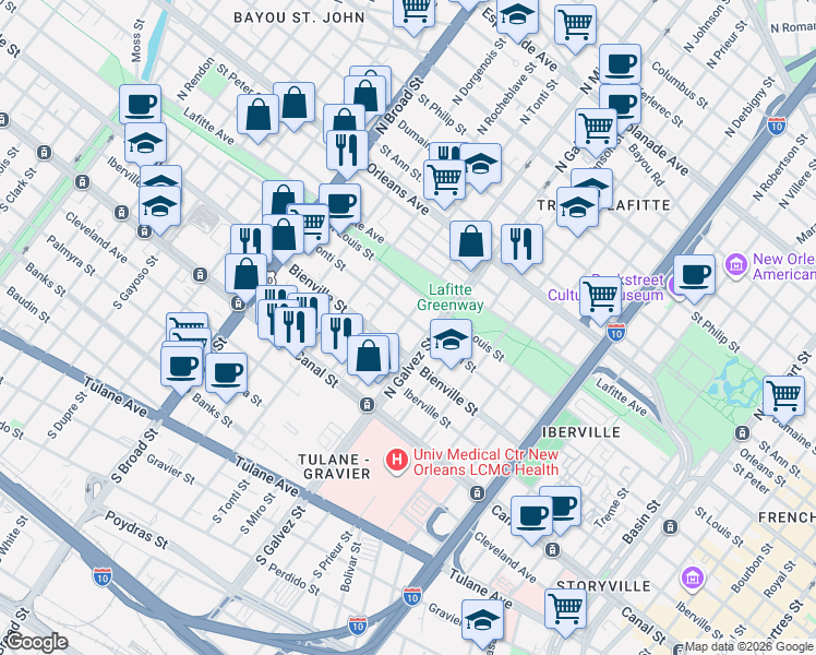 map of restaurants, bars, coffee shops, grocery stores, and more near 2309 Conti Street in New Orleans