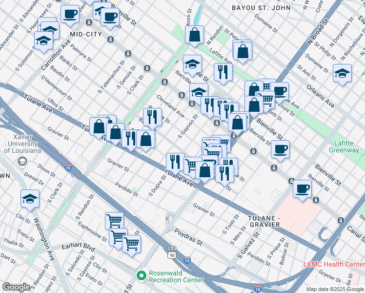map of restaurants, bars, coffee shops, grocery stores, and more near 2910 Palmyra Street in New Orleans
