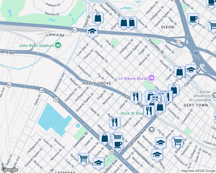 map of restaurants, bars, coffee shops, grocery stores, and more near 3020 Eagle Street in New Orleans