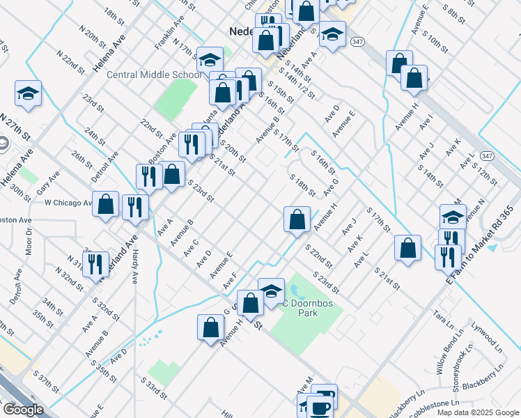 map of restaurants, bars, coffee shops, grocery stores, and more near 2024 Avenue East in Nederland