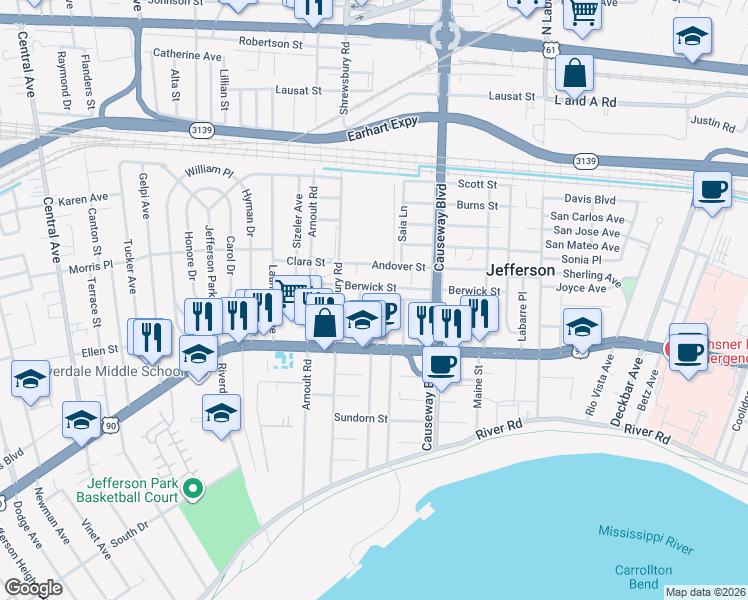 map of restaurants, bars, coffee shops, grocery stores, and more near 3217 Berwick Street in Jefferson
