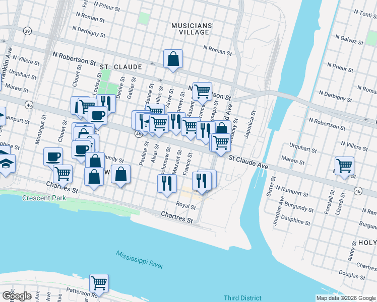 map of restaurants, bars, coffee shops, grocery stores, and more near 4036 Saint Claude Avenue in New Orleans