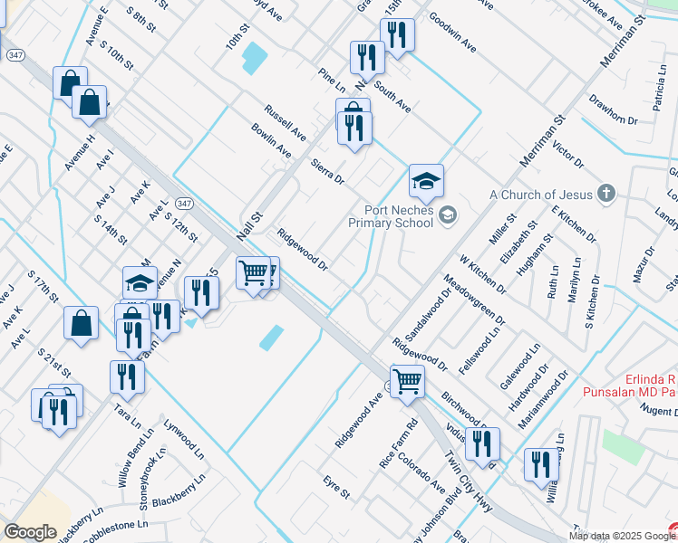 map of restaurants, bars, coffee shops, grocery stores, and more near 870 Ridgewood Drive in Port Neches