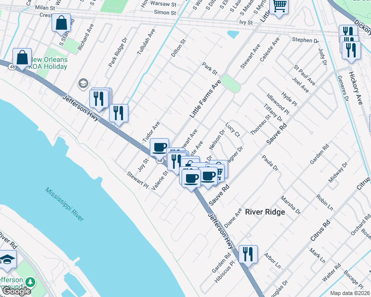 map of restaurants, bars, coffee shops, grocery stores, and more near 205 Stewart Avenue in River Ridge