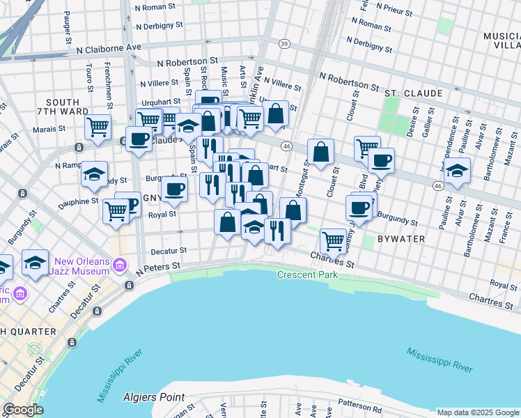 map of restaurants, bars, coffee shops, grocery stores, and more near 725 Saint Ferdinand Street in New Orleans