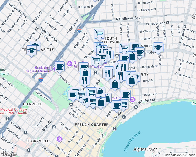 map of restaurants, bars, coffee shops, grocery stores, and more near 1005 Barracks Street in New Orleans