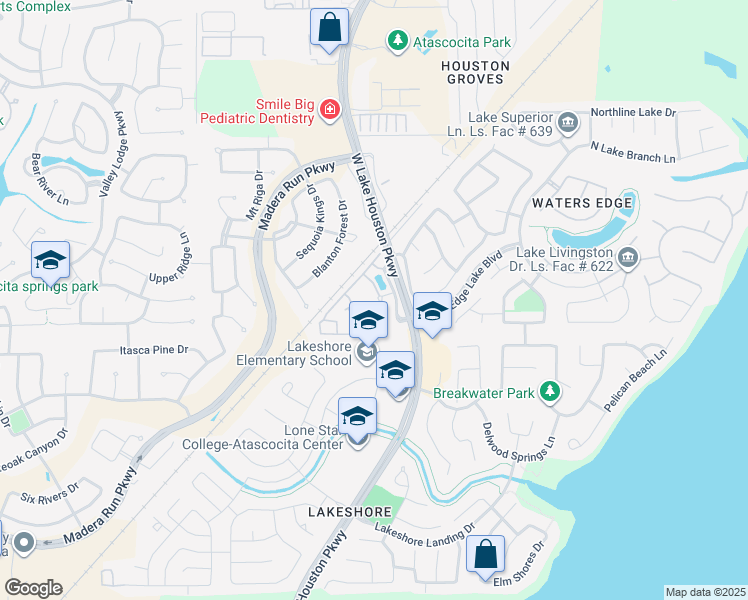 map of restaurants, bars, coffee shops, grocery stores, and more near 16755 West Lake Houston Parkway in Houston
