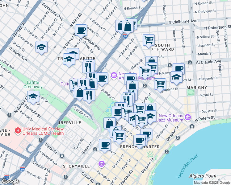 map of restaurants, bars, coffee shops, grocery stores, and more near 1317 Ursulines Avenue in New Orleans