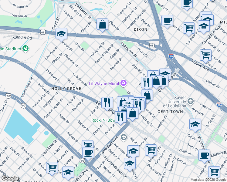 map of restaurants, bars, coffee shops, grocery stores, and more near 3310 Joliet Street in New Orleans