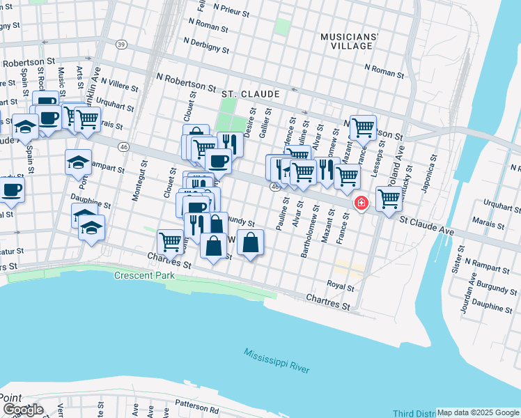 map of restaurants, bars, coffee shops, grocery stores, and more near 1011 Congress Street in New Orleans
