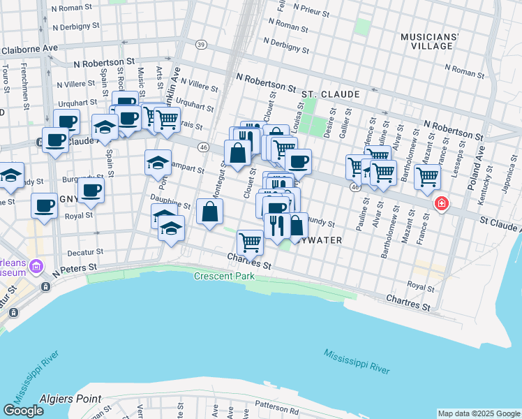 map of restaurants, bars, coffee shops, grocery stores, and more near 3147 Burgundy Street in New Orleans