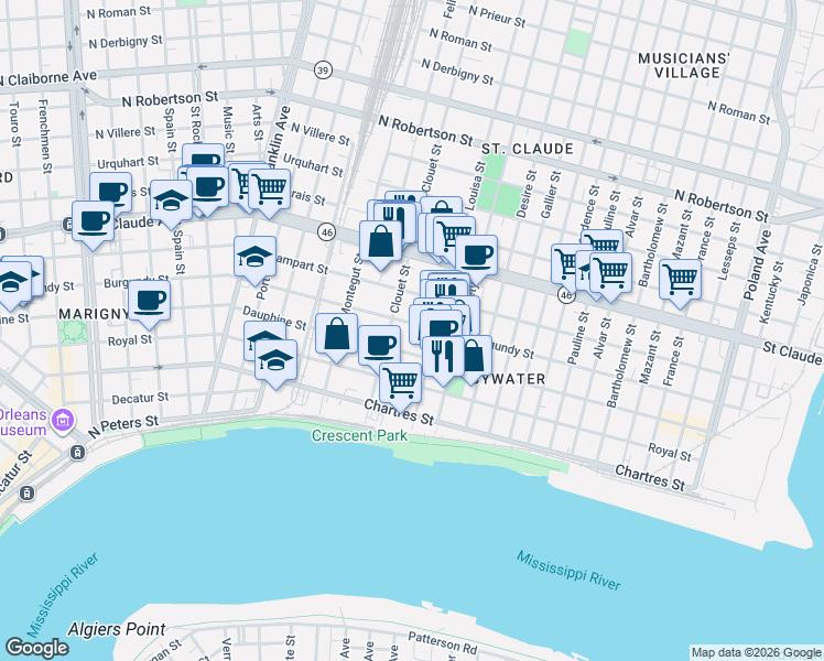 map of restaurants, bars, coffee shops, grocery stores, and more near 3147 Burgundy Street in New Orleans