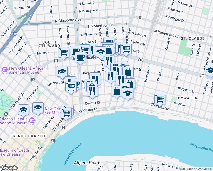 map of restaurants, bars, coffee shops, grocery stores, and more near 2460 Dauphine Street in New Orleans