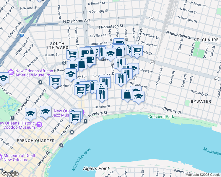 map of restaurants, bars, coffee shops, grocery stores, and more near 735 Mandeville Street in New Orleans