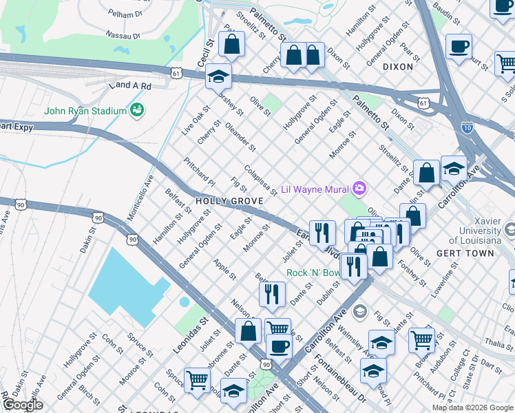 map of restaurants, bars, coffee shops, grocery stores, and more near 3020 Eagle Street in New Orleans
