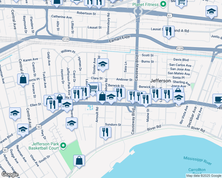 map of restaurants, bars, coffee shops, grocery stores, and more near 160 Rencopas Court in Jefferson