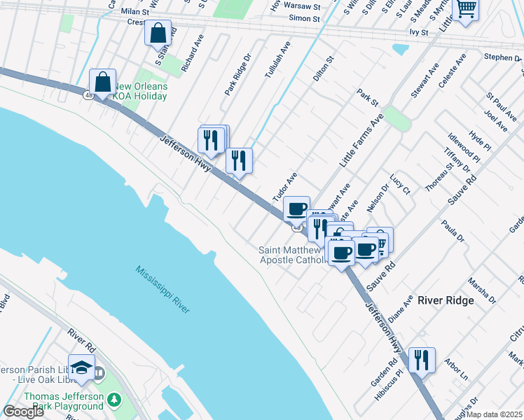 map of restaurants, bars, coffee shops, grocery stores, and more near 10501 Jefferson Highway in River Ridge