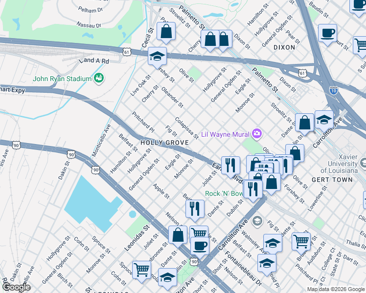 map of restaurants, bars, coffee shops, grocery stores, and more near 3020 Eagle Street in New Orleans