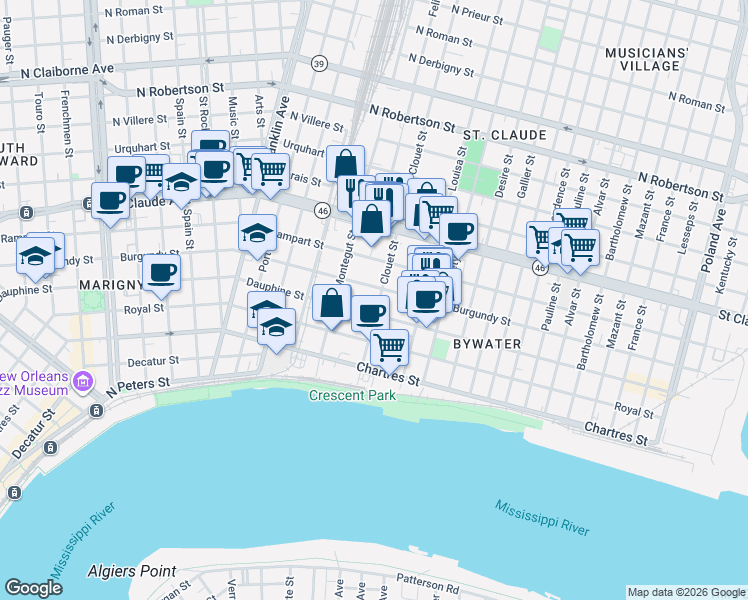 map of restaurants, bars, coffee shops, grocery stores, and more near 900 Clouet Street in New Orleans