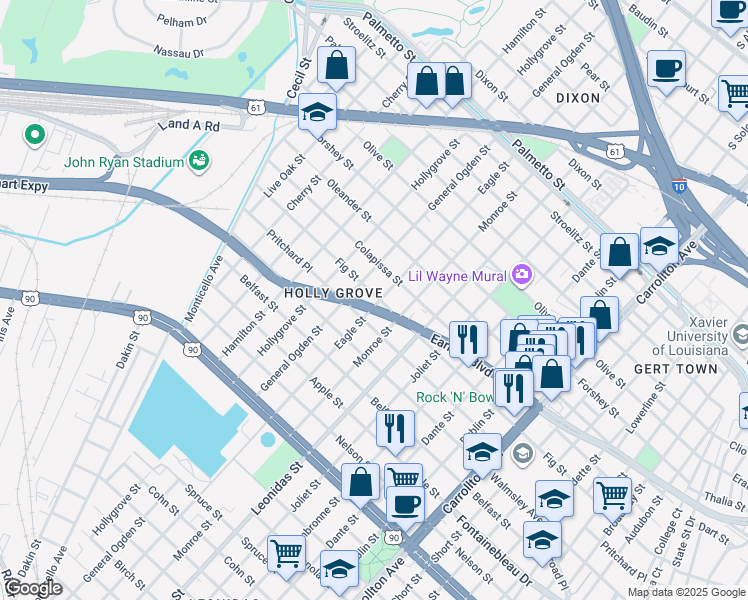 map of restaurants, bars, coffee shops, grocery stores, and more near 3020 Eagle Street in New Orleans