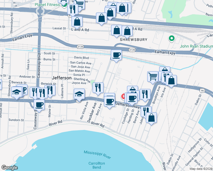 map of restaurants, bars, coffee shops, grocery stores, and more near 420 Deckbar Avenue in Jefferson