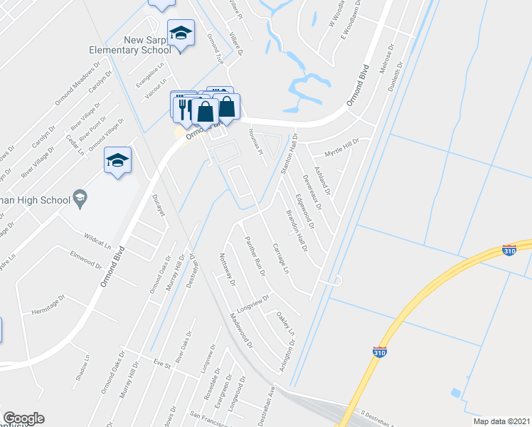 map of restaurants, bars, coffee shops, grocery stores, and more near 81 Stanton Hall Drive in Destrehan