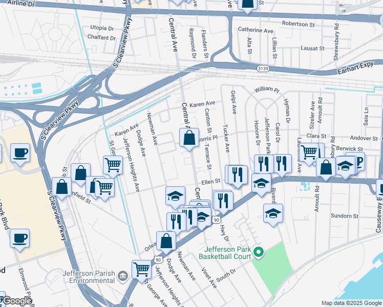 map of restaurants, bars, coffee shops, grocery stores, and more near 687 Central Avenue in Jefferson