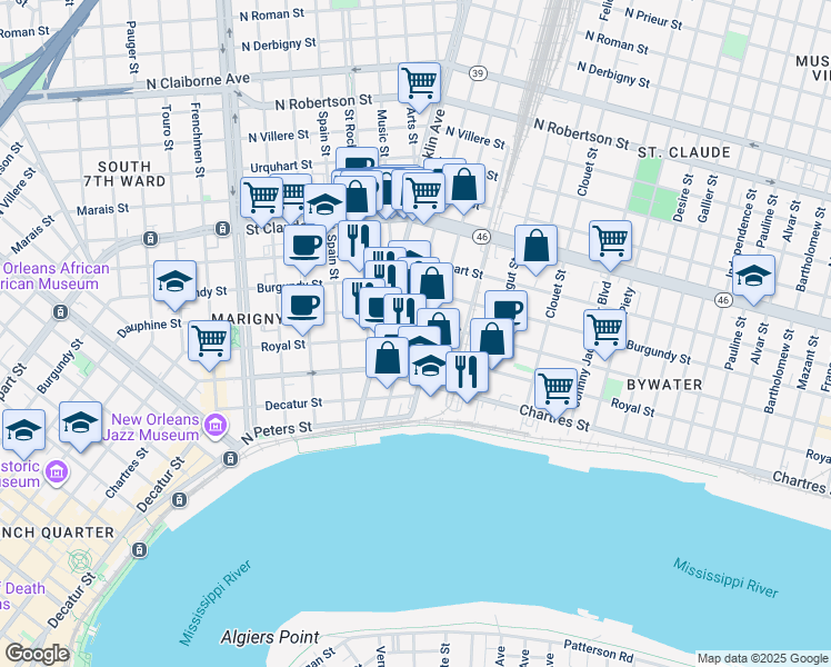 map of restaurants, bars, coffee shops, grocery stores, and more near in New Orleans