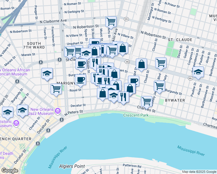 map of restaurants, bars, coffee shops, grocery stores, and more near in New Orleans