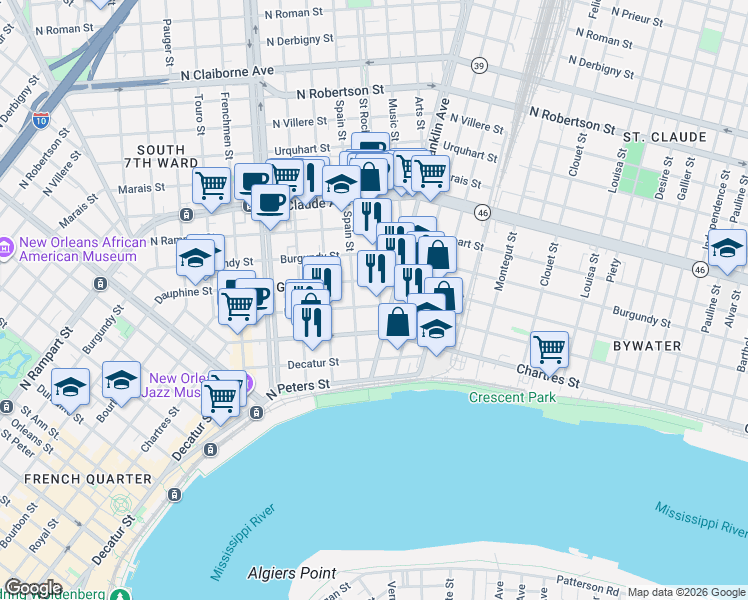 map of restaurants, bars, coffee shops, grocery stores, and more near 2460 Dauphine Street in New Orleans