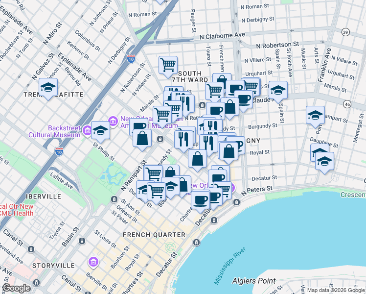map of restaurants, bars, coffee shops, grocery stores, and more near in New Orleans