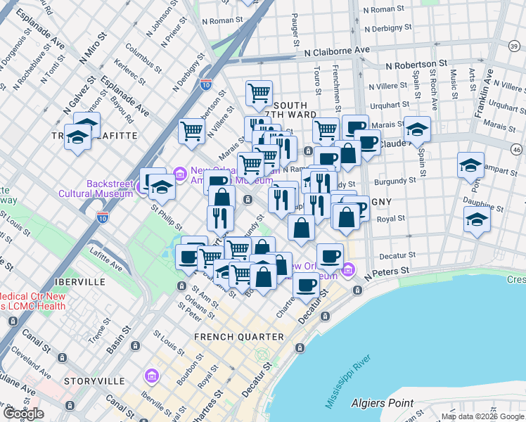 map of restaurants, bars, coffee shops, grocery stores, and more near in New Orleans