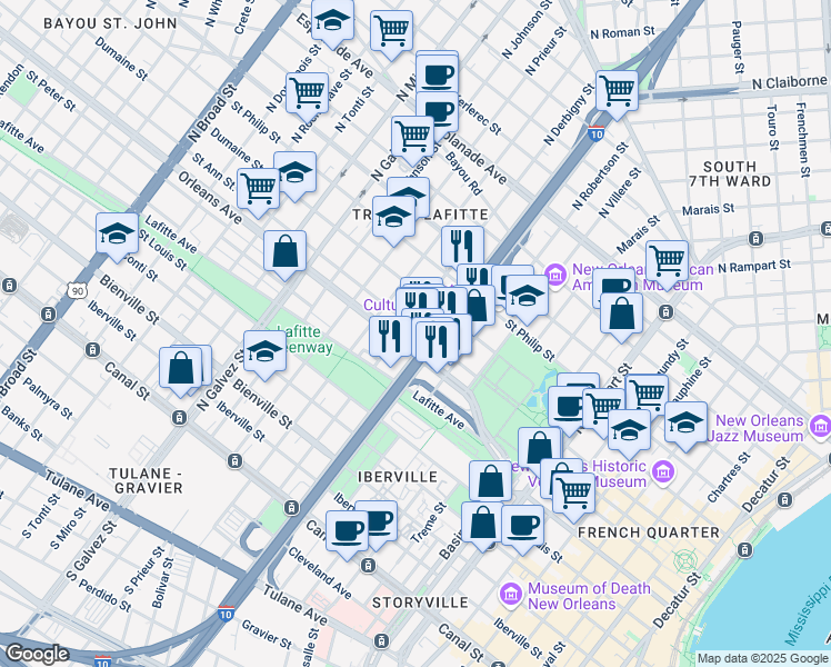 map of restaurants, bars, coffee shops, grocery stores, and more near 1727 Saint Ann Street in New Orleans