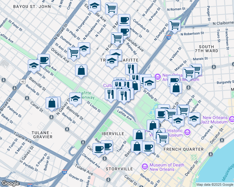 map of restaurants, bars, coffee shops, grocery stores, and more near 1727 Saint Ann Street in New Orleans