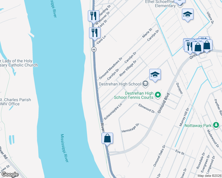 map of restaurants, bars, coffee shops, grocery stores, and more near 14138 River Road in Destrehan