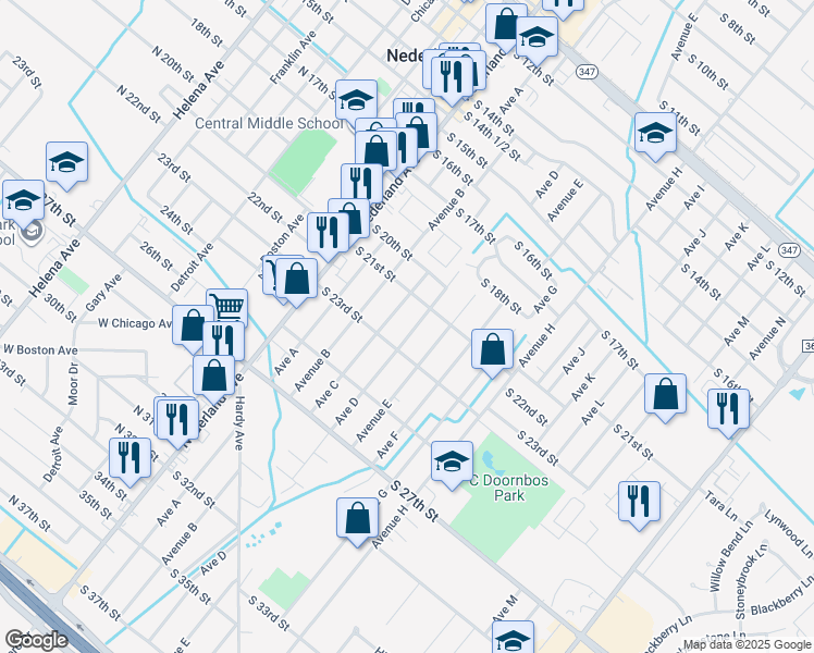 map of restaurants, bars, coffee shops, grocery stores, and more near 2202 Avenue D in Nederland