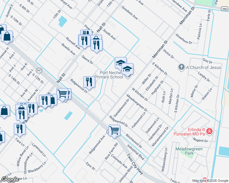 map of restaurants, bars, coffee shops, grocery stores, and more near 714 Sierra Drive in Port Neches
