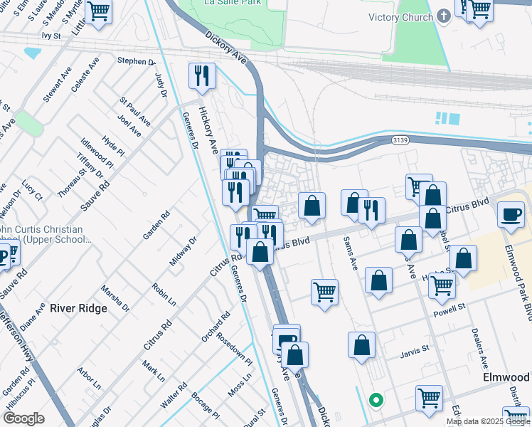 map of restaurants, bars, coffee shops, grocery stores, and more near 5757 Hickory Creek Road in River Ridge