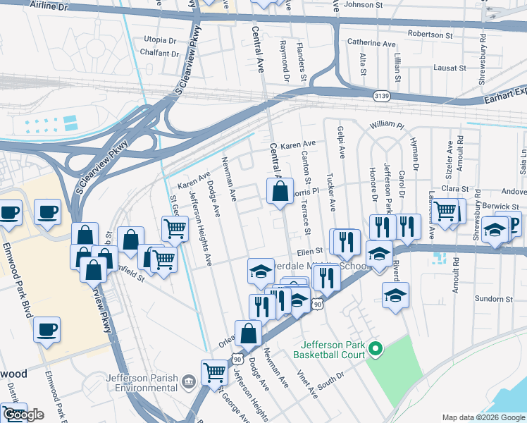 map of restaurants, bars, coffee shops, grocery stores, and more near 757 Brehm Place in Jefferson