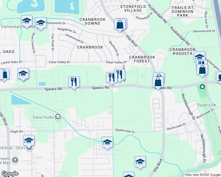 map of restaurants, bars, coffee shops, grocery stores, and more near 1121 Spears Road in Houston