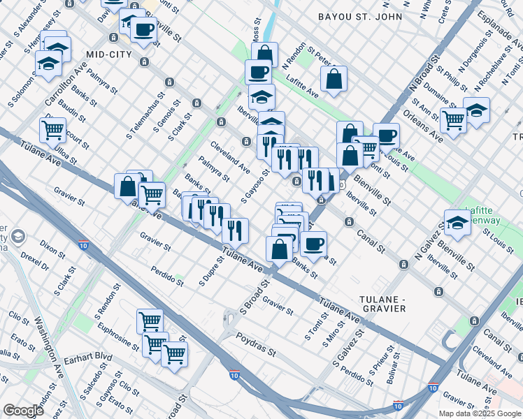 map of restaurants, bars, coffee shops, grocery stores, and more near 2836 Palmyra Street in New Orleans